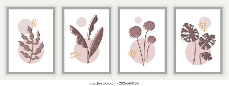 Botanical wall art set. Posters with beautiful leaves of various shapes, geometric shapes and spots. Design elements for printing on paper or fabric. Cartoon flat vector collection on gray background