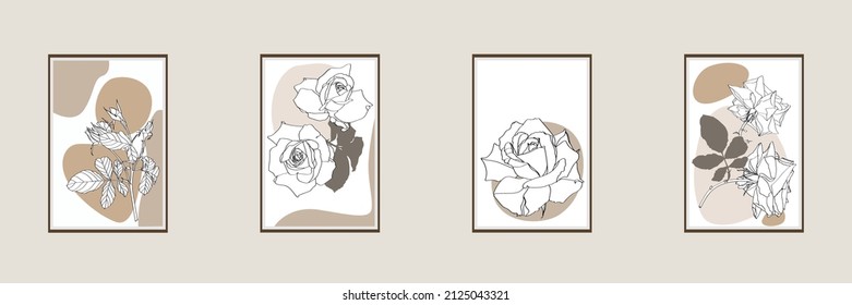 Botanical wall art set. Rose flower line art drawing with abstract shape. Abstract Plant Art design for print, cover, wallpaper, Minimal and natural wall illustration. 