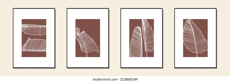Botanical wall art set. Tropical bananas leaves line art drawing. Design for print, cover, wallpaper, Minimal and natural wall illustration. 