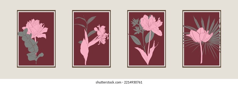 Paredes botánicas. Flores de tulipán, dibujo abstracto de líneas. Resumen Diseño de arte vegetal para impresión, cubierta, papel pintado, ilustración de pared mínima y natural. 