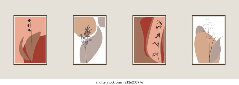 Botanical wall art set. wild herbs and flowers silhouette art drawing with abstract shape. Design for print, cover, wallpaper, Minimal and natural wall illustration. 