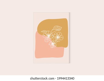 OEuvre murale botanique. Illustration vectorielle botanique minimaliste branchée avec fleurs et feuilles de pomme, idéale pour la galerie d'art, intérieur. Poster d'art mural moderne, décoration minimaliste.