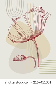 Botanical wall art tropical illustration. Foliage line art drawing with retro and abstract shape. Grunge Plant Art design for print, cover, wallpaper, Minimal and natural wall art.