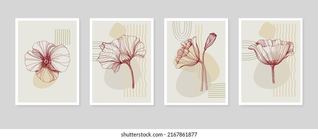 Botanical wall art tropical illustration. Foliage line art drawing with retro and abstract shape. Grunge Plant Art design for print, cover, wallpaper, Minimal and natural wall art.