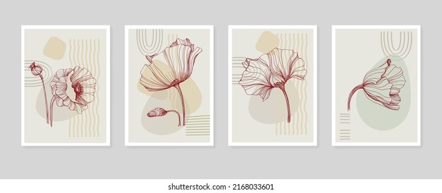 Botanical wall art tropical illustration. Foliage line art drawing with retro and abstract shape. Grunge Plant Art design for print, cover, wallpaper, Minimal and natural wall art.