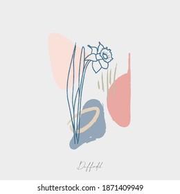 Botanische Wandkunst-Vektorgrafik. abstraktes Daffodil. Linienzeichnung mit abstrakter Form. Bedruckbar, Deckel, Tapete, Minimale und natürliche Wandkunst. 
