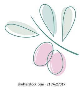 Botanical wall art vector with abstract decorative leaves and berries. Single line art drawing with pastel shape. Minimalistic and natural green and pink vector isolated illustration..