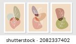 Botanical wall art vector background set. Foliage line art drawing. Abstract Plant Art design for wall framed prints, canvas prints, poster, home decor, cover, wallpaper.