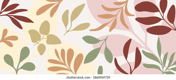 Fondo del vector de arte mural botánico. Dibujo artístico de línea de follaje con forma abstracta.  Resumen Diseño de arte vegetal para la impresión, cubierta, papel pintado, arte de pared mínimo y natural. 