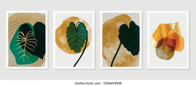 Conjunto de fondo de vectores de arte mural botánico. Dibujo artístico de línea de follaje con acuarela.  Resumen Diseño de arte vegetal para impresiones enmarcadas en la pared, impresiones de lona, afiche, decoración casera, cubierta, papel pintado.