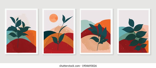 Botanical wall art vector background set. Foliage line art drawing with watercolor.  Abstract Plant Art design for wall framed prints, canvas prints, poster, home decor, cover, wallpaper.