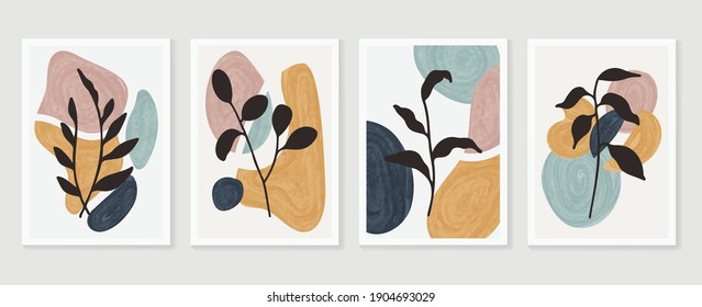 Botanical wall art vector background set. Foliage line art drawing with watercolor.  Abstract Plant Art design for wall framed prints, canvas prints, poster, home decor, cover, wallpaper.