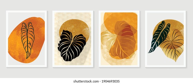 Botanical wall art vector background set. Foliage line art drawing with watercolor.  Abstract Plant Art design for wall framed prints, canvas prints, poster, home decor, cover, wallpaper.