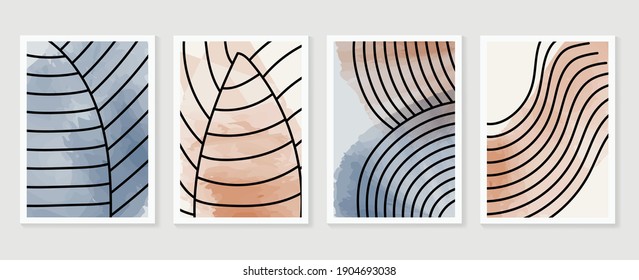 Botanical wall art vector background set. Foliage line art drawing with watercolor.  Abstract Plant Art design for wall framed prints, canvas prints, poster, home decor, cover, wallpaper.