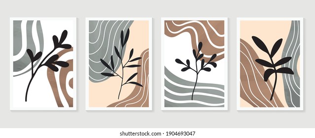 Botanical wall art vector background set. Foliage line art drawing with watercolor.  Abstract Plant Art design for wall framed prints, canvas prints, poster, home decor, cover, wallpaper.