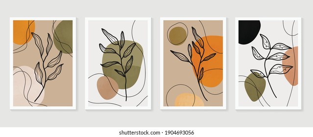 Botanical wall art vector background set. Foliage line art drawing with watercolor.  Abstract Plant Art design for wall framed prints, canvas prints, poster, home decor, cover, wallpaper.