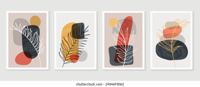 Botanical wall art vector background set. Foliage line art drawing with watercolor.  Abstract Plant Art design for wall framed prints, canvas prints, poster, home decor, cover, wallpaper.
