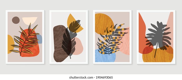 Botanical wall art vector background set. Foliage line art drawing with watercolor.  Abstract Plant Art design for wall framed prints, canvas prints, poster, home decor, cover, wallpaper.