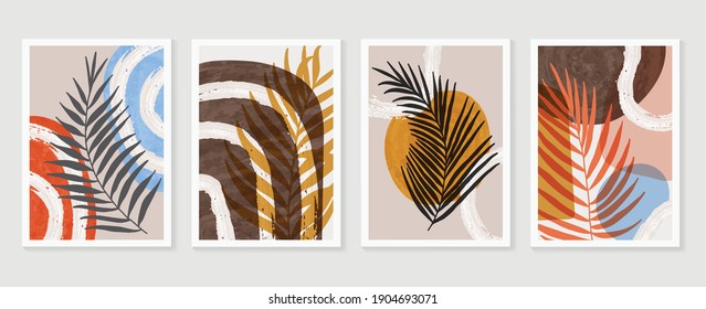 Botanical wall art vector background set. Foliage line art drawing with watercolor.  Abstract Plant Art design for wall framed prints, canvas prints, poster, home decor, cover, wallpaper.