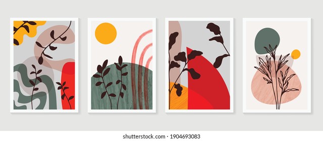 Conjunto de fondo de vectores de arte mural botánico. Dibujo artístico de línea de follaje con acuarela.  Resumen Diseño de arte vegetal para impresiones enmarcadas en la pared, impresiones de lona, afiche, decoración casera, cubierta, papel pintado.