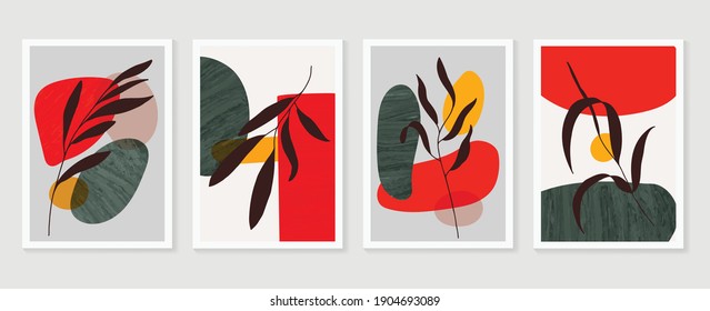 Botanical wall art vector background set. Foliage line art drawing with watercolor.  Abstract Plant Art design for wall framed prints, canvas prints, poster, home decor, cover, wallpaper.