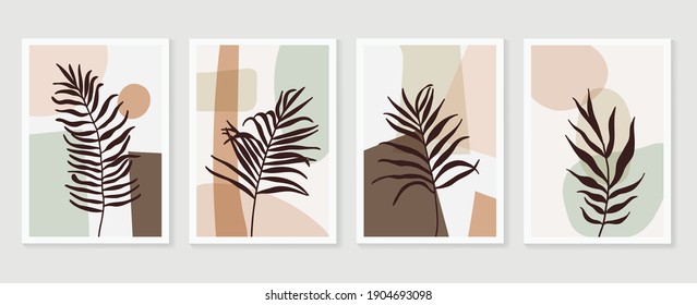 Botanical wall art vector background set. Foliage line art drawing with watercolor.  Abstract Plant Art design for wall framed prints, canvas prints, poster, home decor, cover, wallpaper.