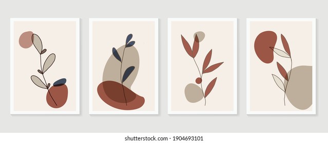 Botanical wall art vector background set. Foliage line art drawing with watercolor.  Abstract Plant Art design for wall framed prints, canvas prints, poster, home decor, cover, wallpaper.