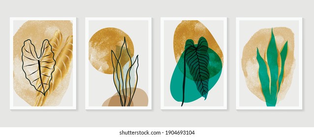 Botanical wall art vector background set. Foliage line art drawing with watercolor.  Abstract Plant Art design for wall framed prints, canvas prints, poster, home decor, cover, wallpaper.