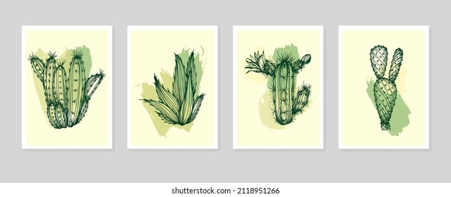 Botanical Wall Art Vector Of Cactus. Floral Succulent Plants. Boho Foliage Line Art Drawing With Abstract Shape. Abstract Plant Art Design For Print, Cover, Wallpaper, Minimal And Natural Wall Art.