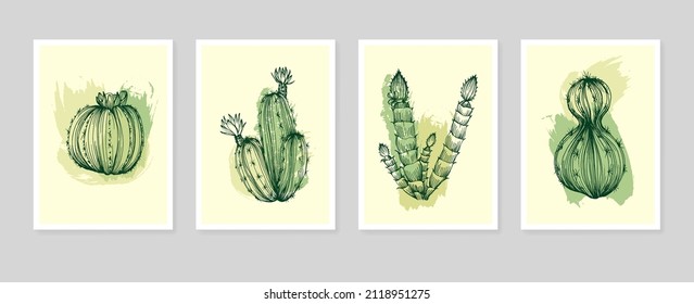 Botanical wall art vector of cactus. Floral succulent plants. Boho Foliage line art drawing with abstract shape. Abstract plant art design for print, cover, wallpaper, minimal and natural wall art.