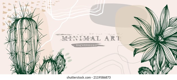 Botanical wall art vector of cactus. Floral succulent plants. Boho Foliage line art drawing with abstract shape. Abstract plant art design for print, cover, wallpaper, minimal and natural wall art.