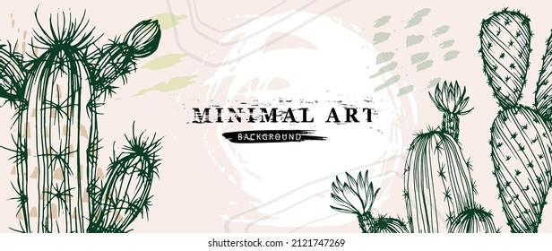 Botanical wall art vector of cactus. Floral succulent plants. Boho Foliage line art drawing with abstract shape. Abstract plant art design for print, cover, wallpaper, minimal and natural wall art.