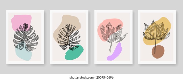 Colección de vectores de arte mural botánico. Muros de arte minimalistas y naturales. Diseño artístico para carteles, cubiertas, papel pintado, carteles postales o folletos, impresión. Ilustración vectorial.