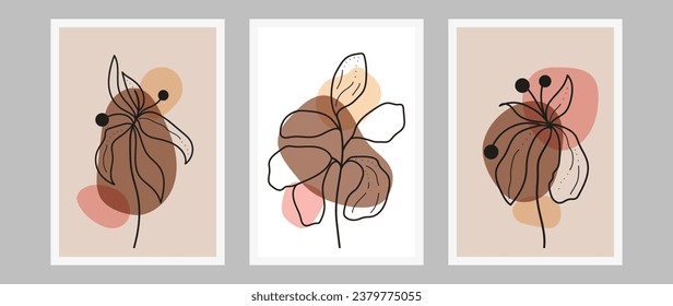 Botanische Wandkunst, Vektorgrafik-Sammlung. Erdton boho Laubmuster mit abstrakter linearer Form. Abstrakte Pflanzenkunst für Druck, Deckel, Tapeten, minimale und natürliche Wandkunst.	