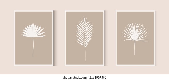 Botanical wall art. Vector Dried Sun Fan Palms. Small Pampas Grass. Bohemian dry cream flowers. Dried flower bunches. Modern line art.