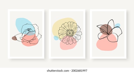 Vector de arte mural botánico. Dibujo de líneas de flor de tono terrestre