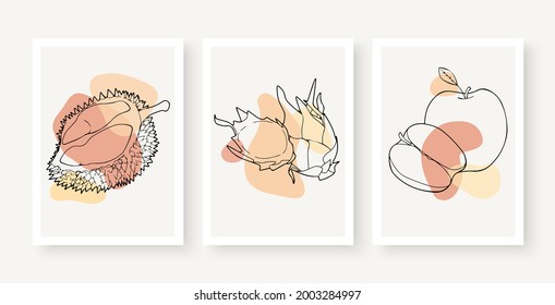 Vector de arte mural botánico. Dibujo de líneas de fruta de tono de tierra