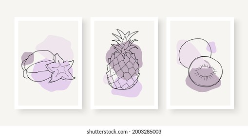 Vector de arte mural botánico. Dibujo de líneas de fruta de tono de tierra