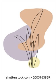 Botanical wall art vector. Earth tone leaves line art drawing