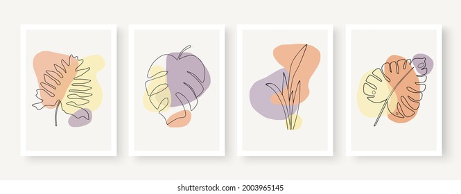 Botanical wall art vector. Earth tone leaves line art drawing