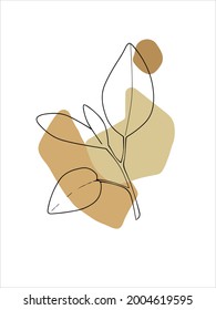 Botanical wall art vector. Earth tone leaves line art drawing