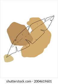 Botanical wall art vector. Earth tone leaves line art drawing