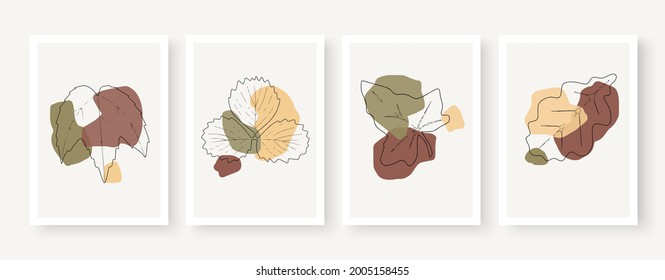Vector de arte mural botánico. Tono de la Tierra deja dibujo de líneas