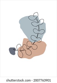 Botanical wall art vector. Earth tone leaves line art drawing