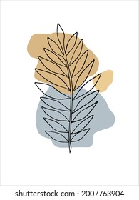 Botanical wall art vector. Earth tone leaves line art drawing