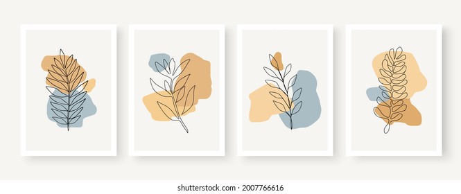 Botanical wall art vector. Earth tone leaves line art drawing