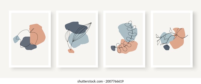 Vector de arte mural botánico. Tono de la Tierra deja dibujo de líneas