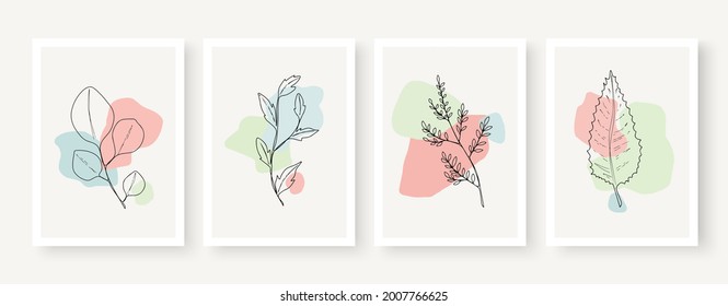 Botanical wall art vector. Earth tone leaves line art drawing