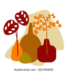 Vector de arte mural botánico. Tono de la Tierra dibujo de líneas de follaje boho con forma abstracta. Resumen Diseño de arte vegetal para la impresión, cubierta, papel pintado, arte de pared mínimo y natural.