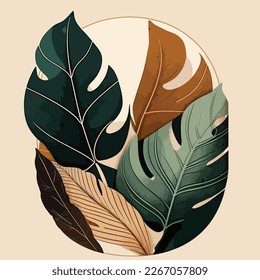 
Botanical wall art vector. Earth tone boho foliage line art drawing with abstract shape. Abstract Plant Art design for print, cover, wallpaper, Minimal and natural wall art, canvas